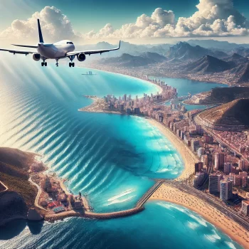 Een vliegtuig vliegt boven de helderblauwe Middellandse Zee, op weg naar de kust van de Costa Blanca in Spanje. Onder het vliegtuig zijn witte zandstranden, de bergen van de Costa Blanca en de stad Alicante zichtbaar onder een stralende blauwe hemel.