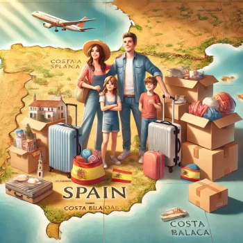 Een familie bereidt zich voor om naar Spanje te verhuizen, omringd door verhuisdozen en reisspullen, met een kaart van Spanje op de achtergrond.