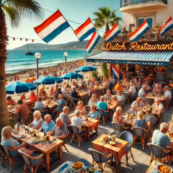 Een drukbezocht Nederlands restaurant aan de kust van de Costa Blanca met buitenzitplaatsen, waar traditionele Nederlandse gerechten zoals kroketten en poffertjes worden geserveerd, met de Middellandse Zee en palmbomen op de achtergrond.
