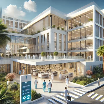 Modern ziekenhuis in de Costa Blanca, Spanje, met een strakke witte gevel, grote glazen ramen en een ruime ingang, omgeven door palmbomen en mediterrane planten.