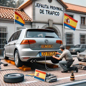 Nederlandse auto met een Spaans kenteken dat wordt bevestigd, in een Spaanse stad.