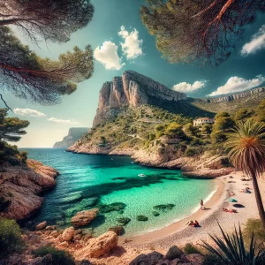 Een prachtige verborgen baai in Granadella, Jávea, Costa Blanca, met helder turquoise water, een kiezelstrand, en omgeven door ruige kliffen en groen.