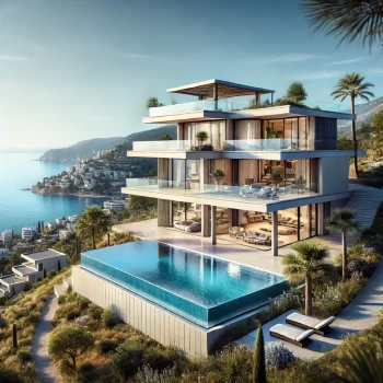 Een moderne luxe villa in Costa Blanca Noord met een infinity pool, groot terras, en panoramisch uitzicht op de Middellandse Zee, omgeven door weelderige groene natuur en een heldere blauwe lucht.