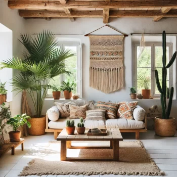 Een gezellige woonkamer in Ibiza-stijl met witte muren, rustiek houten meubilair en bohemien decoratieve accenten. De ruimte heeft een lage houten salontafel, een lichtbeige bank met kleurrijke kussens met patronen, een macramé wanddecoratie, en grote potplanten zoals palmen en cactussen. Het interieur wordt verlicht door natuurlijk licht dat door grote ramen stroomt, en op de vloer ligt een geweven vloerkleed. Het geheel straalt een luchtige, minimalistische en ontspannen sfeer uit met natuurlijke texturen en boho chic elementen.