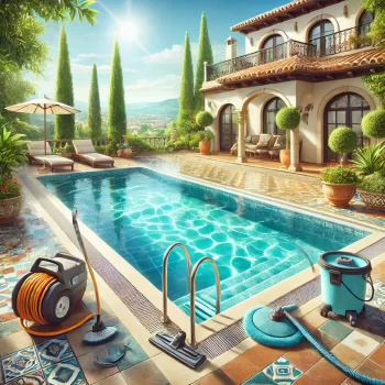 Een goed onderhouden zwembad bij een Spaanse villa, omgeven door mediterrane tegels en weelderige groene planten. Het water in het zwembad is kristalhelder en onderhoudsapparatuur zoals een skimmer en zwembadstofzuiger zijn zichtbaar aan de rand van het zwembad, wat actief onderhoud aangeeft. De heldere lucht en zonneschijn benadrukken het typische Spaanse klimaat. Zwembadonderhoud is belangrijk.