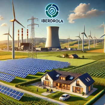 Een visuele weergave van Iberdrola in Spanje met een modern windpark, zonnepanelen en een typisch Spaans huishouden dat profiteert van hernieuwbare energie. Heldere blauwe luchten, groene velden en het Iberdrola-logo zijn te zien op een elektriciteitscentrale op de achtergrond, met de nadruk op duurzaamheid en schone energie.
