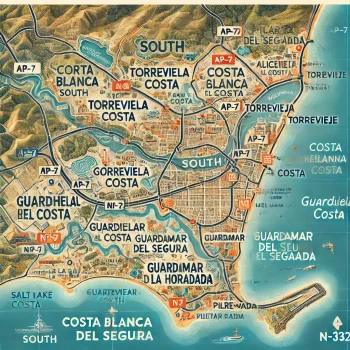 Een gedetailleerde kaart van Costa Blanca Zuid, met belangrijke steden zoals Alicante, Torrevieja, Orihuela Costa, Guardamar del Segura en Pilar de la Horadada. De kaart toont hoofdwegen zoals de AP-7 en N-332, evenals kustgebieden, zoutmeren en stranden.