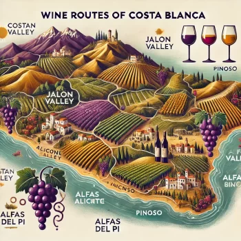 Kaart van de wijnroutes in Costa Blanca met wijngaarden, iconen van wijnglazen, en regio's zoals Jalon Vallei, Alicante, Alfas del Pi en Pinoso.