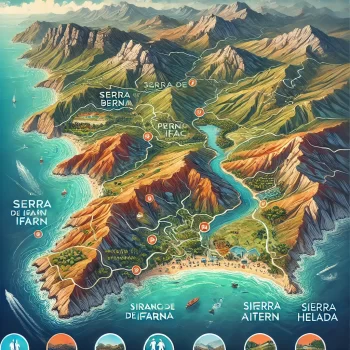 Een kaart van de wandelroutes van Costa Blanca, met gemarkeerde bergen, valleien en kustgebieden, zoals Serra de Bernia, Peñón de Ifach en Barranc de l'Infern.