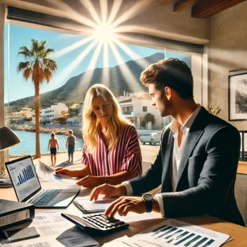 Een belastingadviseur in een kantoor in de Costa Blanca, met documenten en een laptop, tegen een achtergrond van een zonnig Mediterraan landschap.
