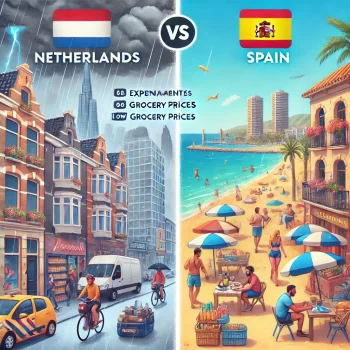 Een gesplitste afbeelding toont een vergelijking tussen Nederland en Spanje, met "Netherlands vs Spain" in het midden. De Nederlandse kant toont regenachtig weer, dure appartementen en hoge prijzen, terwijl de Spaanse kant zonnig is met betaalbare huizen en goedkopere prijzen.