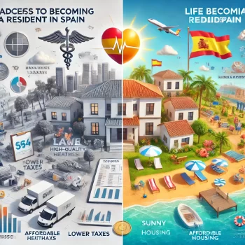 Een gesplitste afbeelding toont de voordelen van resident worden in Spanje. De Spaanse kant laat zonnig weer zien, toegang tot gezondheidszorg, lagere belastingen, en betaalbare huisvesting. De andere kant toont de hogere kosten en stress van niet-resident zijn.