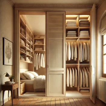 Een ingebouwde inbouwkast in een Spaanse woning, volledig geïntegreerd in de muur met schuifdeuren en georganiseerde planken voor kleding. De slaapkamer heeft een warm interieur met typisch Spaanse decoratie.