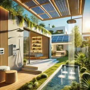 Een moderne, milieuvriendelijke Spaanse woning met zonnepanelen op het dak, grote ramen voor natuurlijk licht en een waterzuinige tuin met een slim irrigatiesysteem. Het interieur bevat meubels van gerecycled hout en energiezuinige LED-verlichting. Alles over: Duurzaam verhuren in Spanje