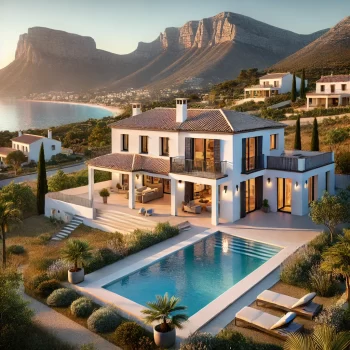 Een prachtige villa in de Montgó-regio nabij Jávea, Spanje, in mediterrane stijl met witte muren, een terracottakleurig dak en grote ramen met uitzicht op de bergen en de zee. De villa beschikt over een ruime tuin en een privézwembad, omringd door groen: huis kopen Montgó