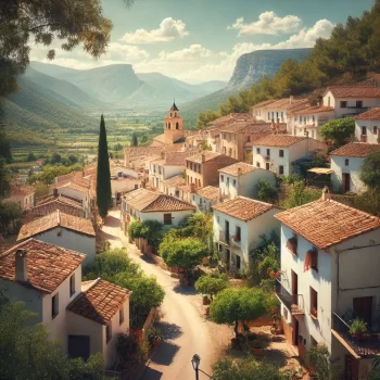Een vredig, traditioneel Spaans dorp in de bergen, dat Villalonga in Spanje weergeeft. De witte huizen met terracotta daken en smalle straatjes worden omringd door groen en bieden een schilderachtig uitzicht op de Safor-bergketen.