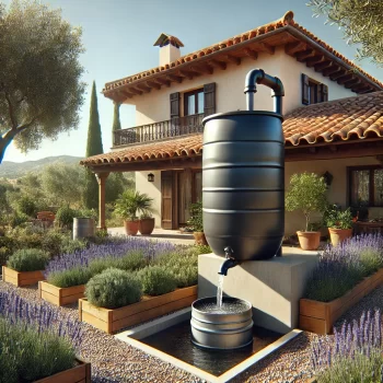 Een achtertuin in Spanje met een regenton die regenwater opvangt, verbonden aan een regenpijp van een Spaans huis met terracotta dakpannen, omgeven door mediterrane planten zoals olijfbomen en lavendel.
