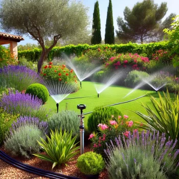 Een prachtige tuin in Spanje met een irrigatiesysteem. Lush groen gras, kleurrijke planten zoals lavendel en oleander, en olijfbomen worden besproeid door zowel een sproeisysteem als druppelirrigatie. De tuin ligt onder een heldere, zonnige lucht in een droog, warm klimaat.