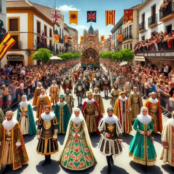 Een kleurrijk festival in Spanje, waarbij mensen verkleed zijn als Moren en Christenen tijdens de Feesten van Moren en Christenen. De optocht vindt plaats in een zonnige stad.