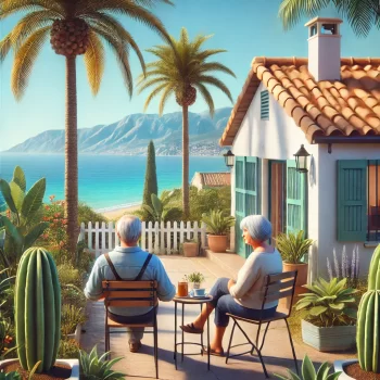 Een gepensioneerd stel zit buiten hun huis in Spanje met uitzicht op de Middellandse Zee, omringd door palmbomen en mediterrane planten.