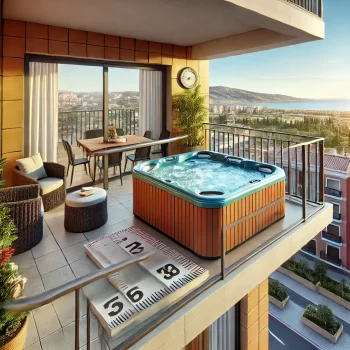 Een balkon van een modern Spaans appartement met een jacuzzi, buitenmeubels en planten, ontworpen om zware objecten zoals een jacuzzi te ondersteunen.