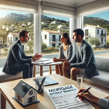 Een stel bespreekt hun financieringsopties met een bankvertegenwoordiger in een modern Spaans bankkantoor met uitzicht op het mediterrane landschap. Hoe krijg je de beste financiering in Spanje?