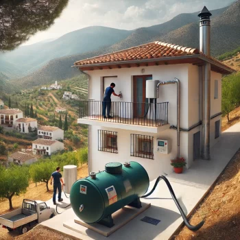 Oliegestookt verwarmingssysteem in Spanje: Een Spaanse woning in een landelijke omgeving met een olietank buiten en een technicus die de tank bijvult, omringd door een heuvelachtig landschap met bomen en traditionele huizen in de verte.