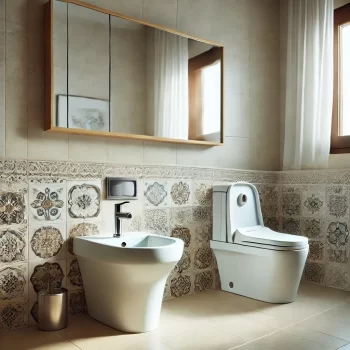 Een moderne Spaanse badkamer met een traditioneel bidet naast het toilet, minimalistisch ingericht met Spaanse tegels, zachte verlichting en een grote spiegel.