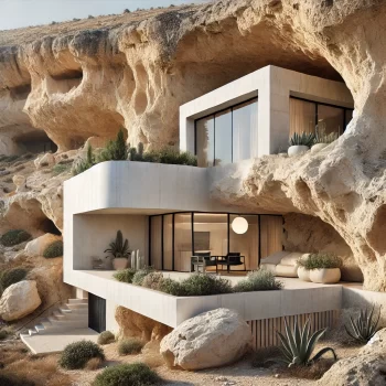 Gemoderniseerde grotwoning in Spanje, uitgehouwen in rotsen met grote glazen ramen en een stenen terras met planten. De woning combineert traditionele architectuur met hedendaags design.