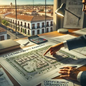 Een stedenbouwkundig rapport wordt doorgenomen op een bureau in een Spaanse kantooromgeving, met een blauwdruk en documenten zichtbaar.