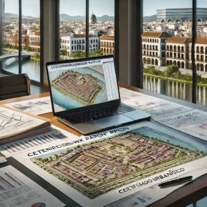 Een stedenbouwkundige bekijkt een stedenbouwkundig rapport in een kantoor met een kaart van een perceel en bouwvoorschriften.