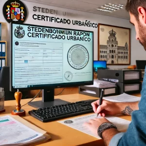 Een persoon vraagt een stedenbouwkundig rapport aan in een Spaans gemeentekantoor, met een formulier en officiële documenten op het bureau.