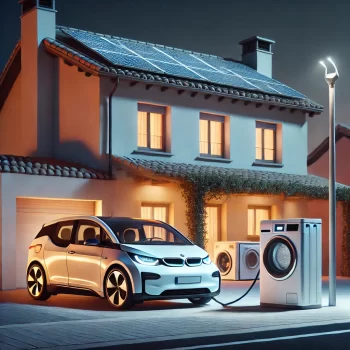 Moderne Spaanse woning 's nachts, met huishoudelijke apparaten en een elektrische auto die opgeladen wordt, die daluren elektriciteit illustreren.