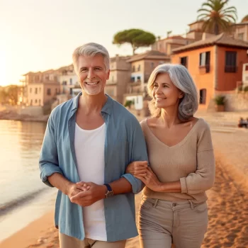 Een gepensioneerd stel wandelt hand in hand langs een rustig strand in Spanje bij zonsondergang, omgeven door witte huizen met terracotta daken en palmbomen.