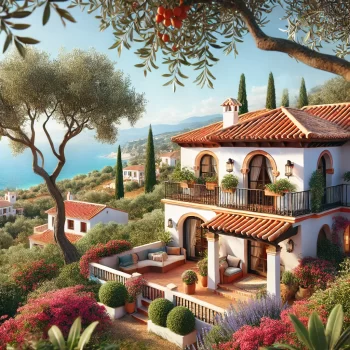 Traditionele mediterrane woning met terracotta dakpannen, witte muren en een tuin met olijfbomen en kleurrijke bougainvillea, gelegen nabij de kust van Oost-Spanje met de blauwe zee op de achtergrond.