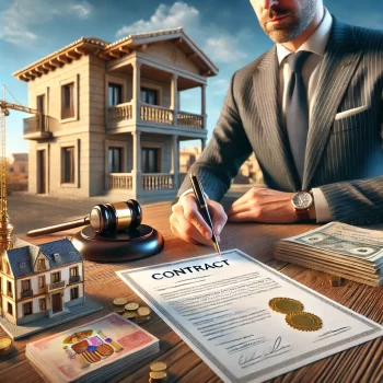 Een professionele afbeelding toont de ondertekening van een contract voor een nieuwbouwproject in Spanje, met een bankvertegenwoordiger die een bankgarantie verstrekt.