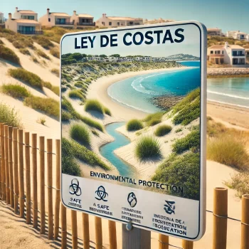 Een rustig Spaans strand met natuurlijke zandduinen, huizen op een veilige afstand van de kust en een informatiebord over de Spaanse kustwet: Ley de Costas.