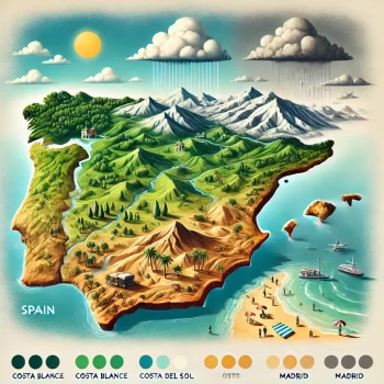 Een visuele scène die verschillende weersomstandigheden in Spanje weergeeft. Het noorden toont groene heuvels met regenwolken, terwijl het zuiden en oosten, zoals de Costa Blanca, zonnige stranden met heldere luchten tonen. Het centrale deel van Spanje heeft een gebalanceerd weerbeeld met zowel zon als wolken. De Canarische Eilanden zijn weergegeven met droge, aride landschappen en minimale bewolking.