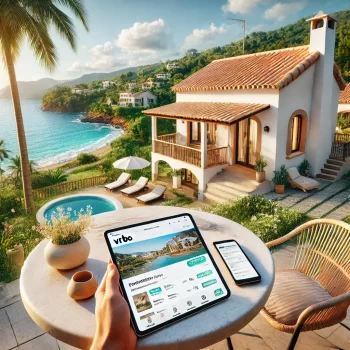 Een schilderachtige vakantiewoning in Spanje te huur via VRBO. Een gast bekijkt de VRBO-website op een tablet en een boekingsapp op een smartphone.