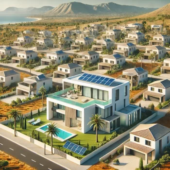 Moderne Spaanse villa omringd door meerdere eigendommen in een goed gepland vastgoedproject, met palmbomen, zonnepanelen en milieuvriendelijke elementen. Alles voor vastgoed opschalen in Spanje