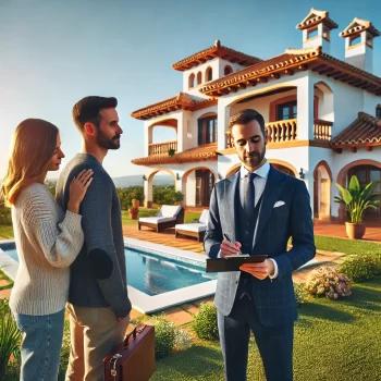 Afbeelding Alt-tekst: Een professionele makelaar in Spanje toont een stel een prachtig Mediterraan huis met witte muren, terracotta dakpannen en een ruim terras, omringd door een weelderig groen landschap.