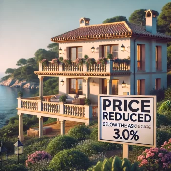 Een Spaanse kustvilla in mediterrane stijl met een bord op het terras waarop 'prijs verlaagd' staat, wat de mogelijkheid van onderhandelen en bieden onder de vraagprijs symboliseert.