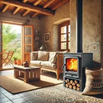 Een gezellige woonkamer in een Spaans huis met een moderne pelletkachel in de hoek. De kamer heeft betegelde vloeren, rustieke houten meubels, en grote ramen die natuurlijk licht binnenlaten. De pelletkachel brandt rustig, en er staat een zak houtpellets naast de kachel. Buiten is een zonnige Spaanse binnenplaats te zien.