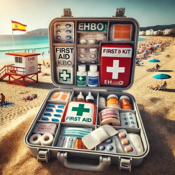 Een eerstehulpkoffer (EHBO) open op een strand in Spanje, met verband, ontsmettingsmiddelen en andere EHBO-benodigdheden. Op de achtergrond zijn een strandwachtpost en enkele strandgangers zichtbaar, met een stralende zon die het zomerse gevoel versterkt.