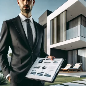 Een zakelijke investeerder in formele kleding staat voor een moderne Spaanse villa, met een financieel rapport in zijn hand. De sfeer is professioneel en gericht op het potentieel van vastgoedbeleggingen via dividend.