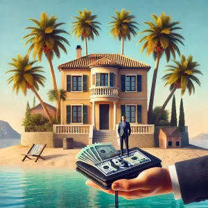 Een persoon staat voor een prachtig Spaans huis aan de kust, met palm- en dennenbomen, en houdt een portefeuille met aandelen vast in één hand, terwijl hij naar het huis wijst. De achtergrond toont een serene Middellandse Zee, wat het idee symboliseert van een huis kopen in Spanje met dividend.