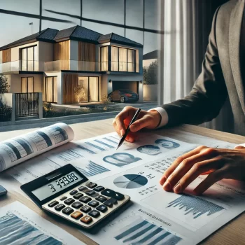 Een persoon zit aan een bureau met financiële documenten, grafieken en een rekenmachine, terwijl hij de financiële planning voor het kopen van een huis in Spanje bespreekt. Op de achtergrond is door het raam een moderne Spaanse villa te zien.
