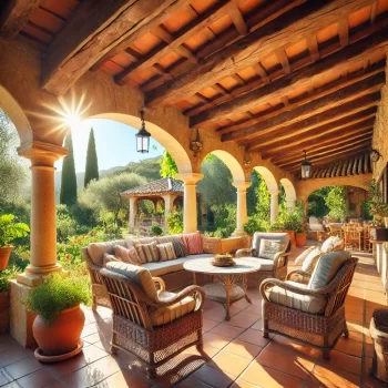 Traditionele Spaanse naya met stenen bogen, terracotta tegels en houten balken, uitkijkend op een zonnige tuin.