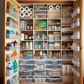 Een goed georganiseerde kast in een verhuurappartement in Spanje, gevuld met essentiële items zoals toiletpapier, handdoeken, beddengoed, schoonmaakmiddelen en keukenbenodigdheden. Alles in de voorraadkast voor verhuur