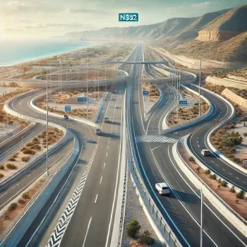 Een moderne sectie van de N332 in Spanje met een nieuw aangelegd wegdek, duidelijke verkeersborden en veiligheidshindernissen, gelegen langs de kustlijn van de Costa Blanca.